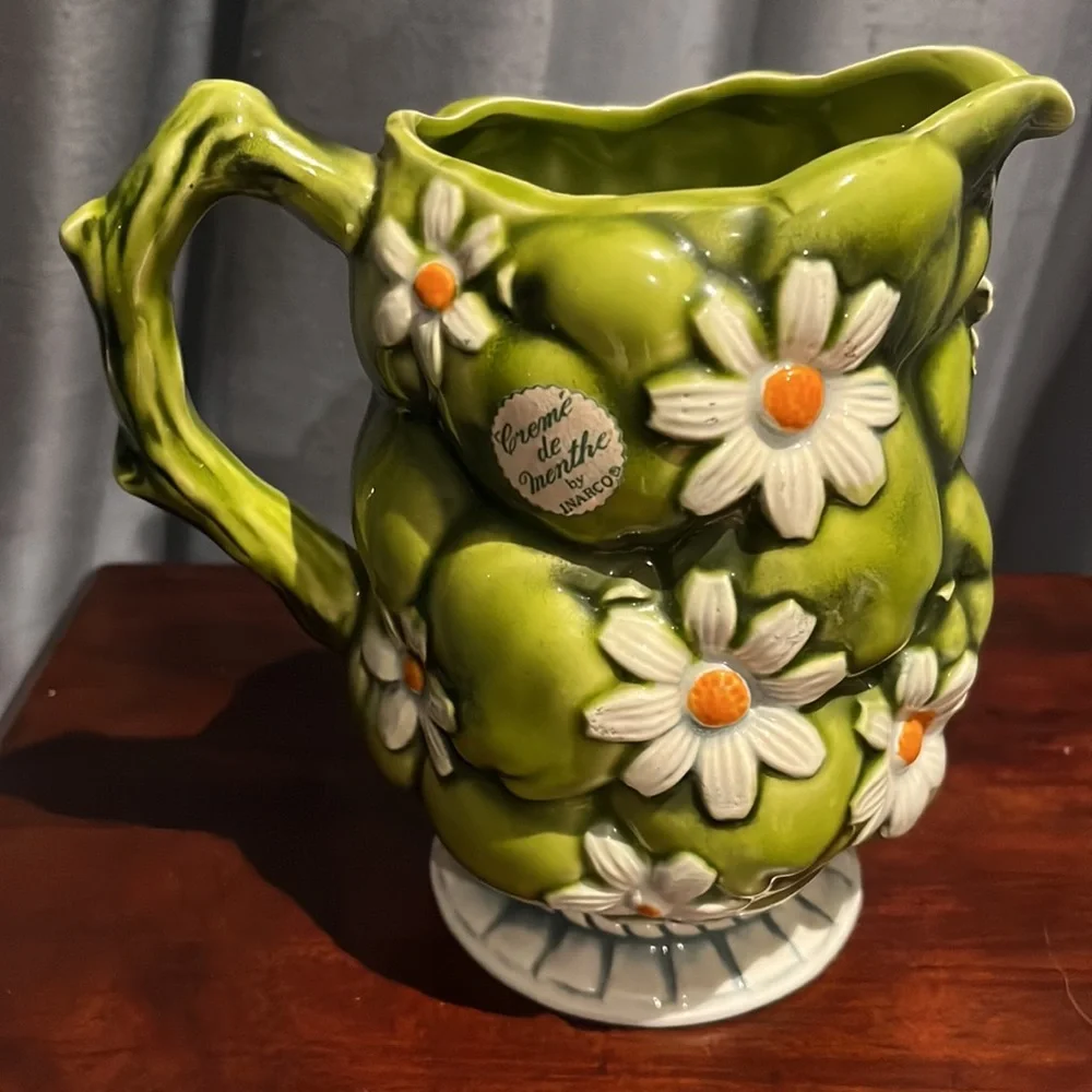 SOLD IN BUNDLE 1967 Inarco 3D Green Apples & Daisies Pitcher Creme de Menthe - Picture 2 of 11
